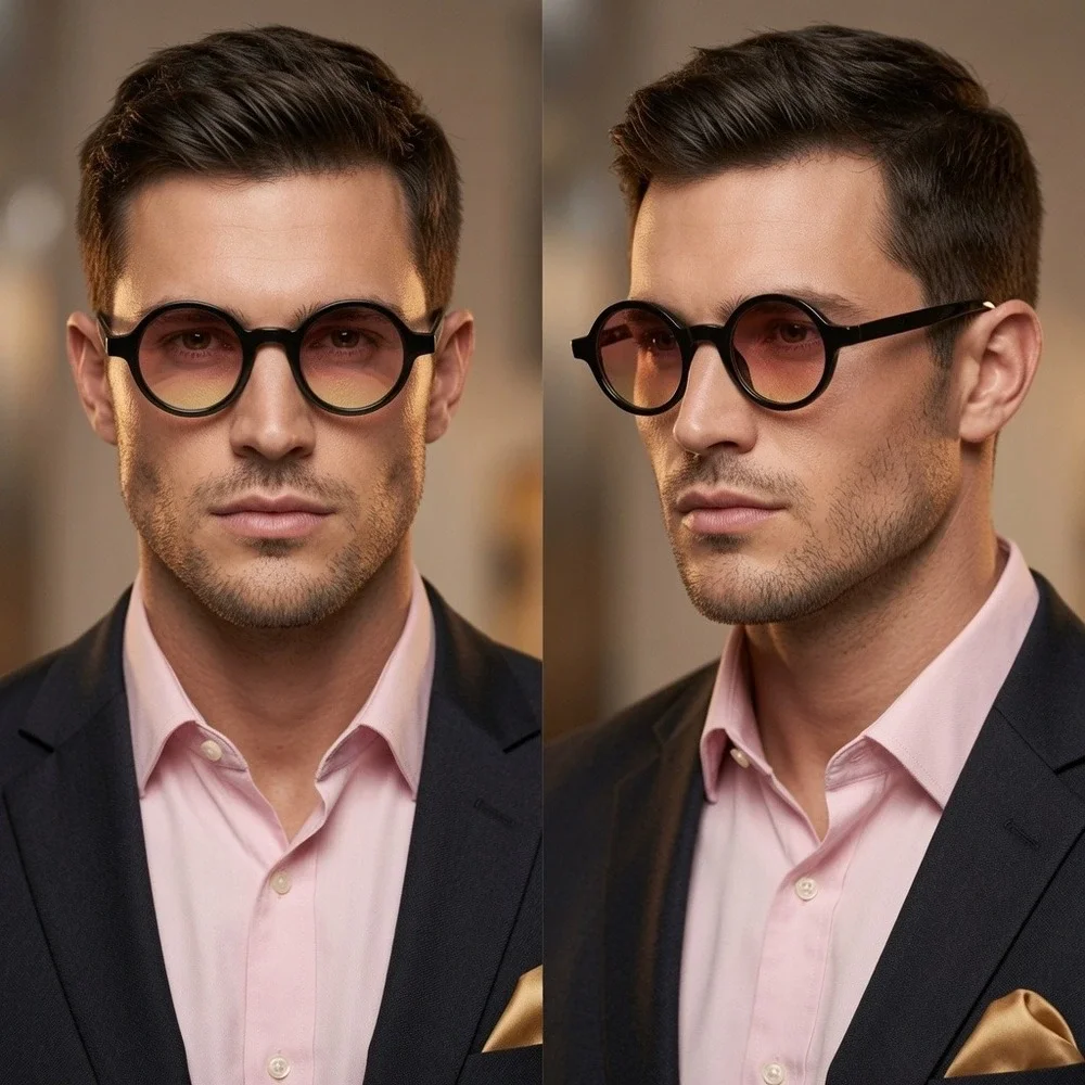 Mens Retro Round Sunglasses Black Frame Orange Yellow Lens Circular Shade Trendy